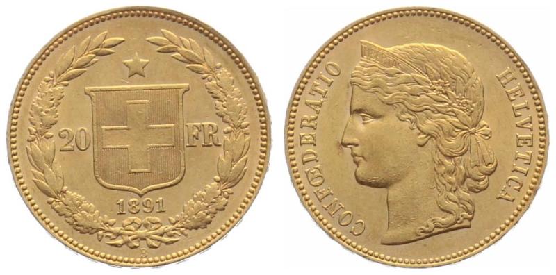 20 Franken 1891 B Goldhelvetia aus 900er-Gold – historische Schweizer Goldmünze aus dem Jubiläumsjahr 600 Jahre Eidgenossenschaft, Auflage 100'000 Exemplare.